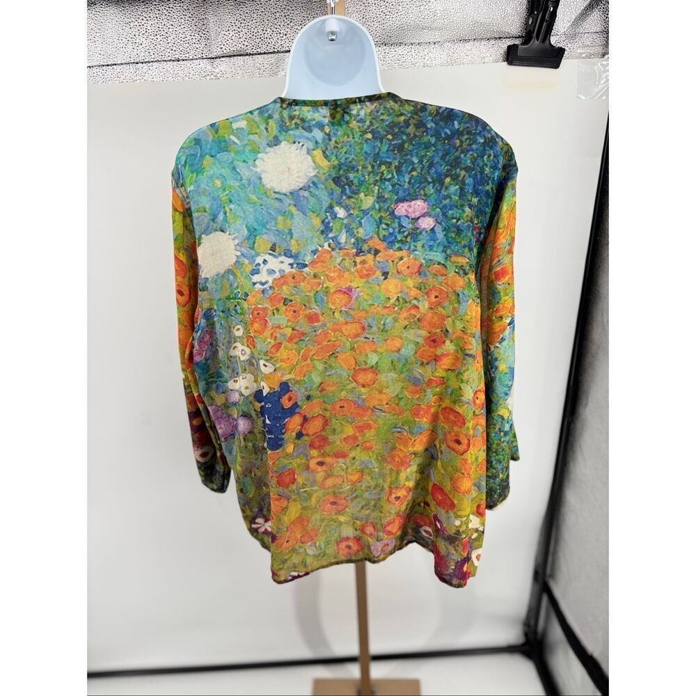 Tao House Open Front Wool Cardigan Fine Art Floral Print Size L/XL Handmade